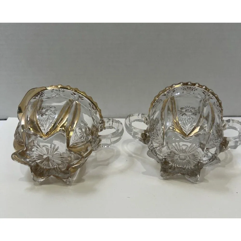 Antique 1897 EAPG Glass Sugar And Creamer Set Harvard Yard Gold Gilding Trim